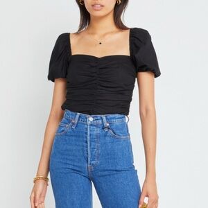 Black Ruched Puff Sleeve Cotton Top